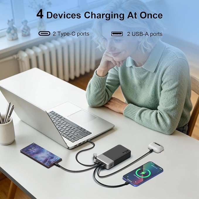 NOBIS Portable Charger 20000mAh, 45W Power Bank Fast Charging, 4-Output Battery Pack w/Detachable Dual Type-C Lanyard Cable & Hook, Battery Bank w/Digital Display for Phone, Laptop, Steam Deck