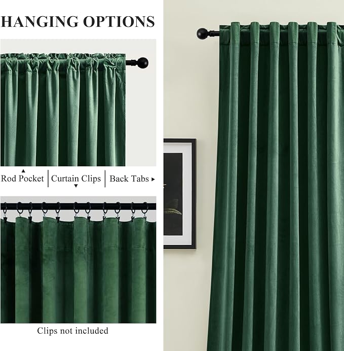 Velvet Curtains 90 Inches Long 2 Panels for Bedroom, Thermal Insulated Room Darkening Curtain Luxury Soft Heavyweight Blackout Drapes for Living Room Back Tab Rod Pocket, W52 x L90, Dark Green
