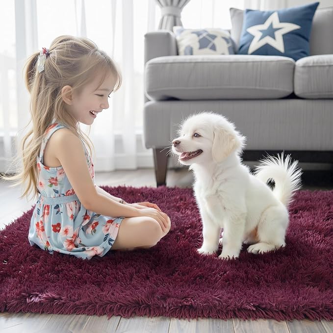 Rugs for Living Room 5x8, Alfombras para Salas Shag Large Plush Soft Area Rug, Shaggy Carpets for Bedroom,Boys Girls Home Decor Aesthetic(Burgundy, 5 x 8)