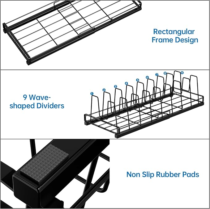 Expandable Food Container Lid Organizer with 9 Adjustable Dividers | Sturdy Metal Pots and Pans Organizer Rack for Home Kitchen Cabinets, Drawers, Pantry Shelves, Countertops, 8.15" Wide, Black