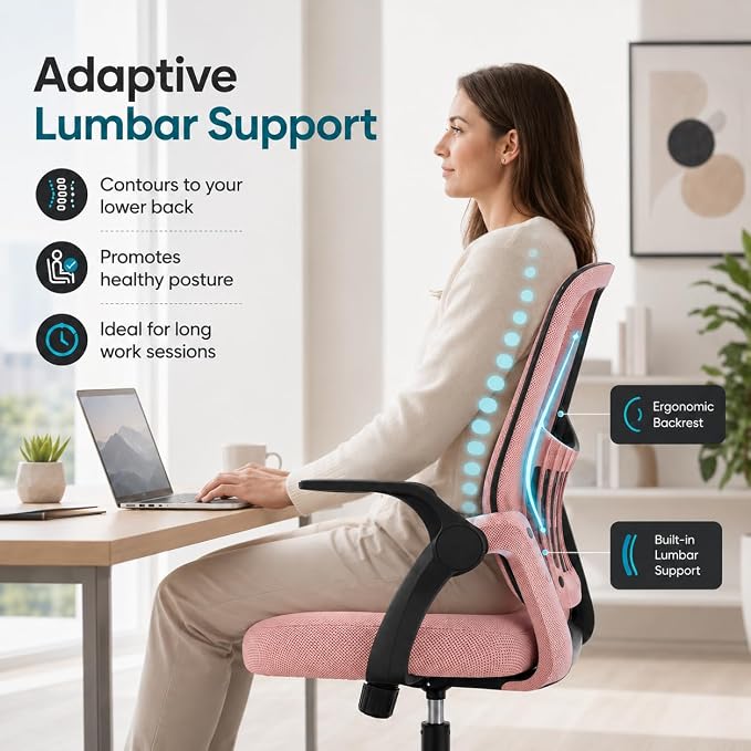 Ergonomic Office Chair, Home Office Desk Chair, Breathable Mesh Desk Chair with Adjustable Lumbar Support and Flip-up Armrests, Game Chairs, 360° Swivel Desk Chairs for Conference, Meeting Room(Pink)
