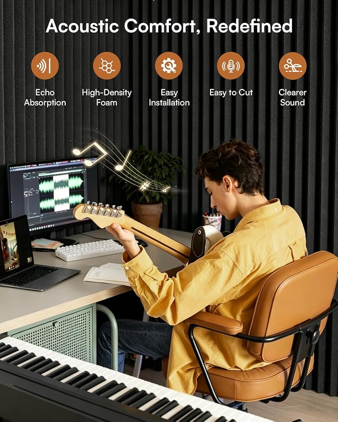 SODOCT 2 Pack Large Wedge Acoustic Foam Panels, 48 x 24 x 2 Inches High Density Sound Proof Foam for Walls, Professional Sound Absorbing Studio Panels for Home Theater, Recording (Black)