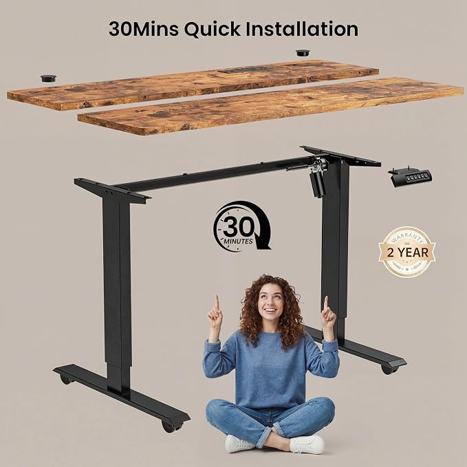 Electric Adjustable Height Standing Desk, 48×24 Inches Sit Stand Desk with Power Socket, 2 USB Ports, 3 Power Outlets, 4 Wheels,4 Memory Buttons Home Office Computer Workstations (Brown)