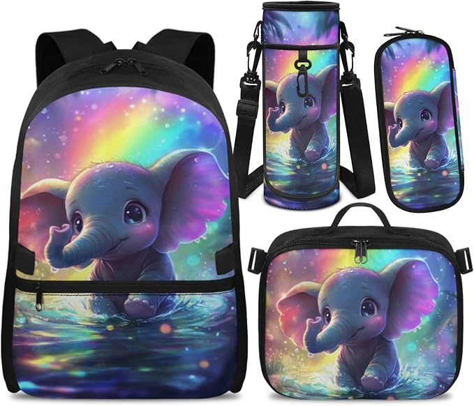 Doojoayie Elephant Backpack for School Kids Bookbag with Lunch Box 3D Animals Print Backpack for Girls Aesthetic Kindergarten Back to School Gifts Bags for Student Large Capacity Back Pack
