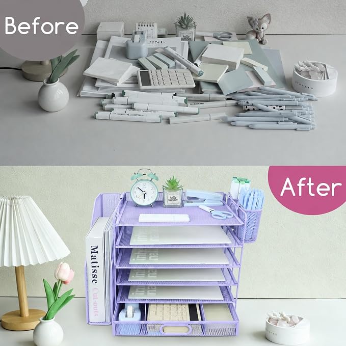 Desk Organizers and Accessories with File Holder, 6-Tier Paper Letter Tray Organiser with Drawer and 2 Pen Holder, Mesh Desktop Document Organizer for Office Supplies, Workspace - Purple