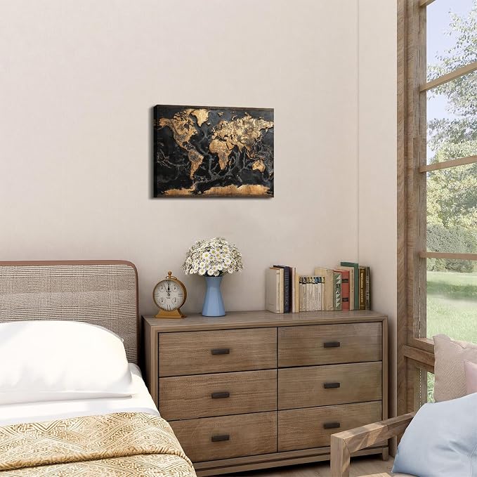 World Map Wall Art for Office Black and Gold Wall Decor Vintage Map of The World Picture Abstract Global Maps Canvas Prints Retro Nautical Artwork for Living Room Men Bedroom Home Decoration 12x16"