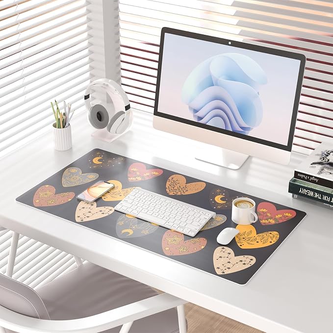 Colorful Star Magic Heart Leather Mouse Pad, Large Pad for Desk Gaming, Waterproof Keyboard Desk Mat for Home Office Gaming Work