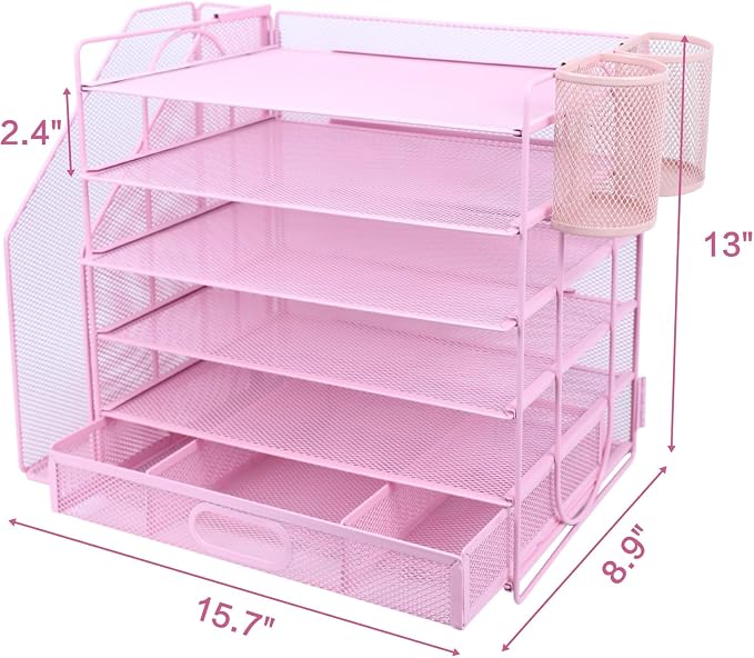 Desk Organizers and Accessories with File Holder, 6-Tier Paper Letter Tray Organiser with Drawer and 2 Pen Holder, Mesh Desktop Document Organizer for Office Supplies, Workspace - Pink