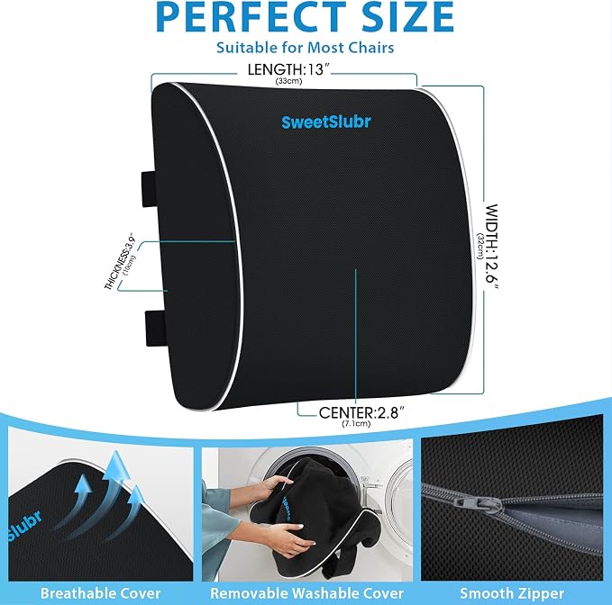 SweetSlubr Lumbar Support Pillow for Office Chair, Car & Gaming Chair, Ergonomic Memory Foam Cushion for Back Comfort, Zoned Back Support, Double Adjustable Straps, Breathable Washable Cover, Black