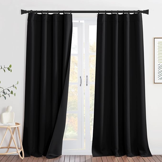 NICETOWN Sound Blocking and Heavy-Duty Space Divider Curtains with Back Tab, Lined Insert Noise - Blackout - Thermal Insulation Drapes for Room Divider/Space Solutions/Living Room(Black, 84" Long)