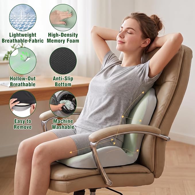 Car Seat Cushion with Lumbar Support Pillow, Memory Foam Office Chair Cushion for Back Pain Sciatica Pain Relief, Ergonomic L-Shaped Seat Cushion for Car Truck Driving Office Chair Home (Green Gray)