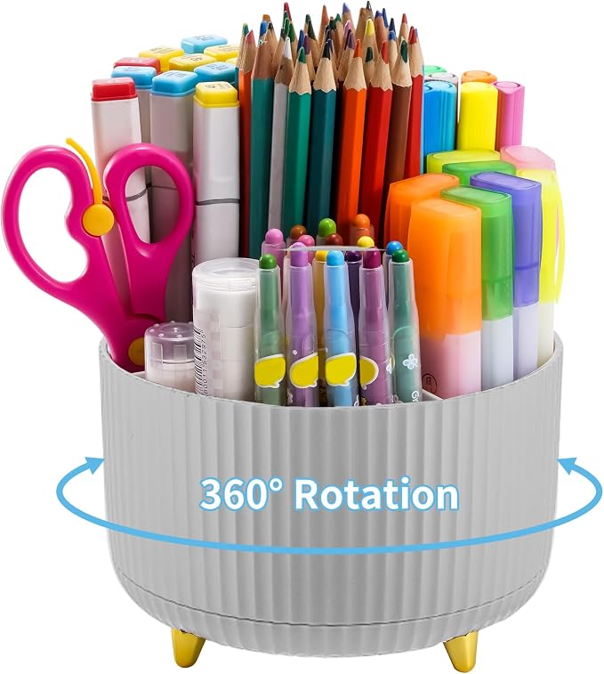 Marbrasse Desk Organizer, 360-Degree Rotating Pen Holder, Desk Organizers and Accessories with 5 Compartments Pencil Holder, Art Supply Storage Box Caddy for Office, Home (Grey)