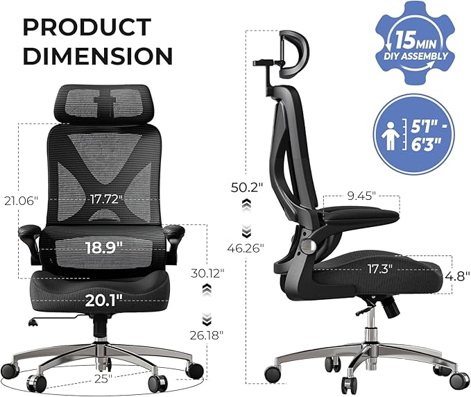 Big and Tall Office Chair, 350lbs Heavy Duty Desk Chair with Extra Wide Memory Foam Seat, 21-24.5 in Adjustable Height, Sacral Lumbar Support, Headrest and Flip-Up Arms for Home Office
