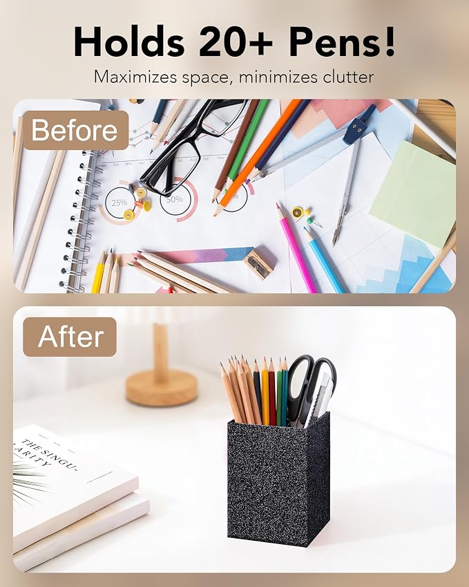 Acrylic Pen Holder Desk Organizer for Office, Black Glitter | Sparkling glitter acrylic makeup brush and pencil holder for desk, Modern desktop organizer for home, school and office