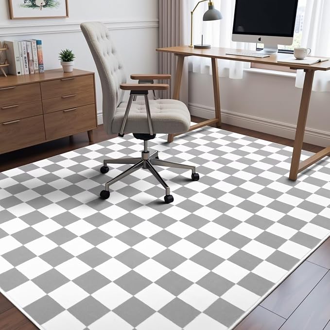 Terrug Grey and White Checkered Rug for Bedroom,4x6 Area Rugs Washable with Non Slip for Living Room,Soft Low Pile Stain Resistance Retro Carpet for Dorm Kids Room