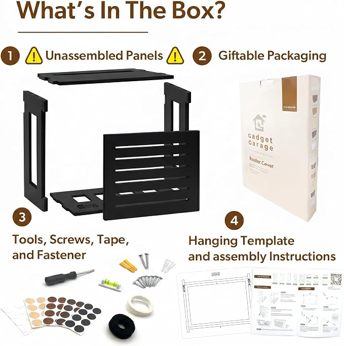 WiFi Router Storage Cabinet Router Box Hider WiFi Box Hider Shelf Cover | Standard • Pine Wood • Black Finish • Seamless Side Panel Design • Fits Routers Up To 11" • Wall Mount Or Desktop Placement