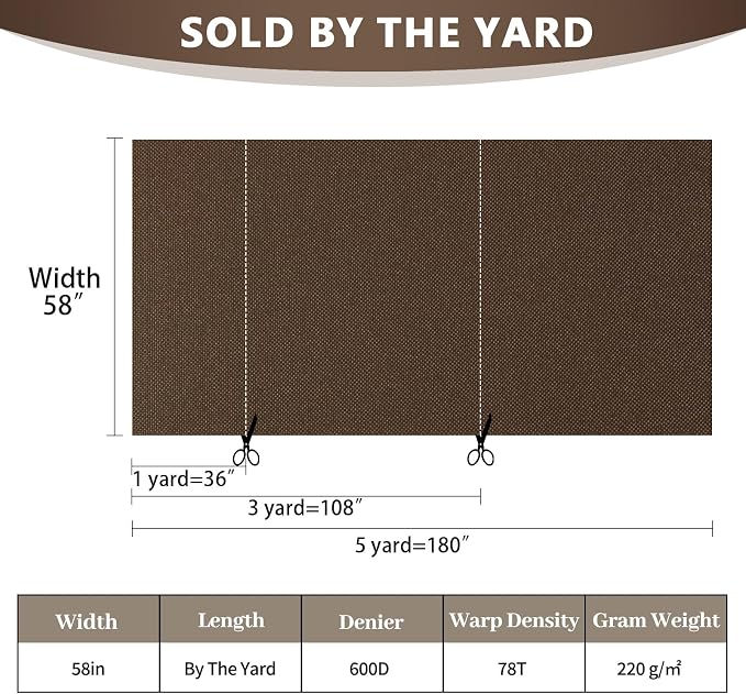 Waterproof Canvas Fabric by The Yard 58inch 600D Upholstery Material Polyester Fabric Outdoor Water Resistant Fabric for Sewing Chair Patio Cushion Purse Bag Interior, Pre Cut 2 Yard Brown