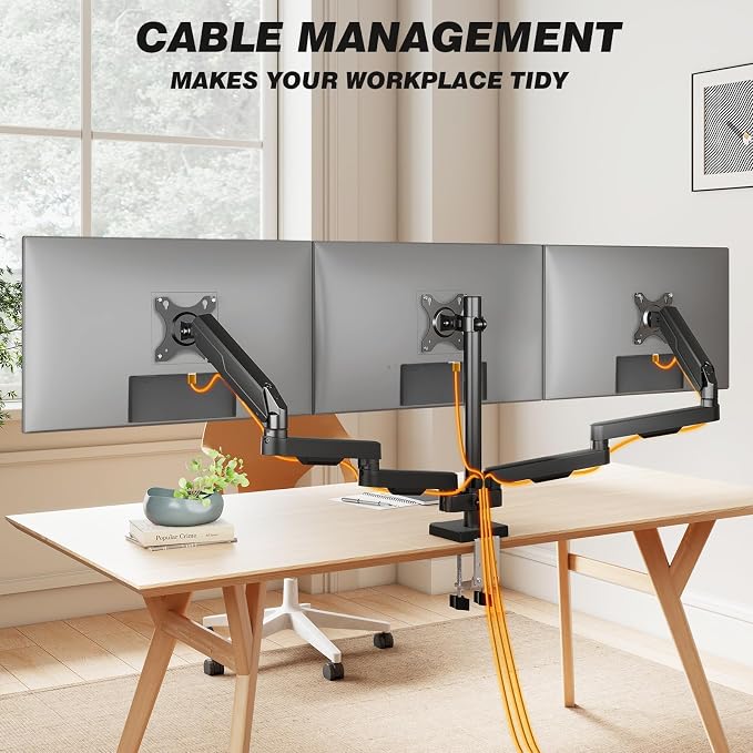 5Rcom Triple Monitor Mount Stand for 17-34 Inch Computer Screens | Gas Spring Full Motion Arms, Each Holds 22lbs, Compatible 75/100mm VESA Mount