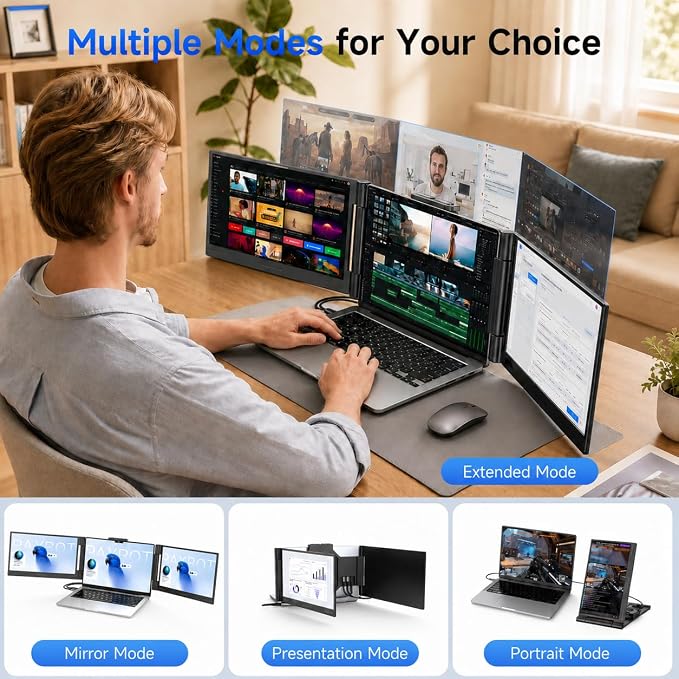 AOC 14" Laptop Screen Extender, Triple Portable Monitor for 13”-17.3" Laptops, 1080P FHD IPS Display, HDMI/USB-C Cable Plug-Play Laptop Monitor Extender for Mac/Windows (Black)