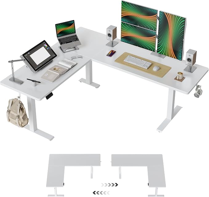 FEZIBO 75" x 63"L Shaped Standing Desk Adjustable Height, Electric Stand up Corner Computer Desk, Sit Stand Home Office Desk with Splice Board, White