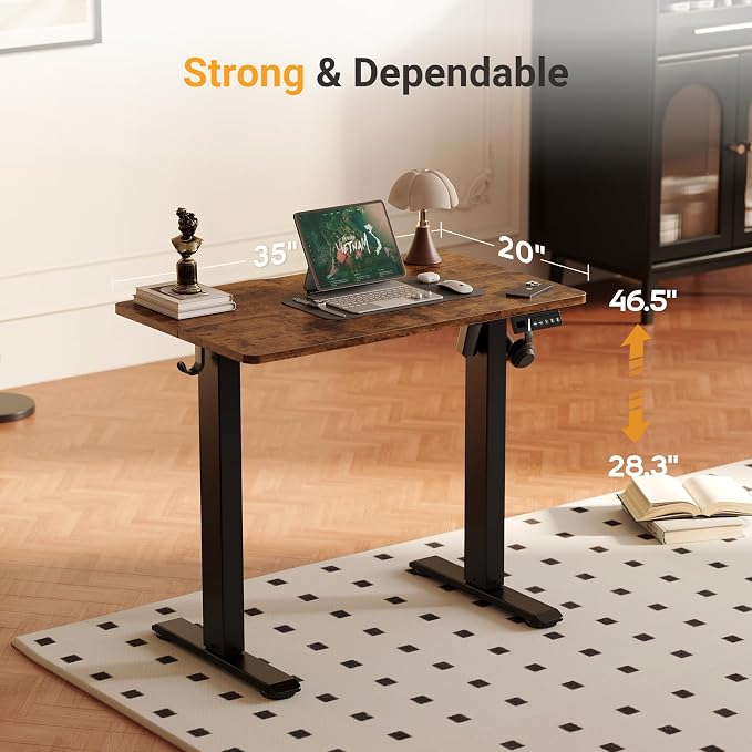 YDN Electric Standing Desk, 35x20 Inch, Rustic Brown | 3 Memory Presets, Cable Management, Adjustable Height, Sit Stand, Space-Saving, Computer Workstation, Home Office