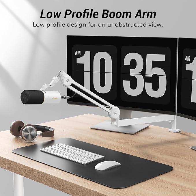 Tonor Mic Arm Desk Mount, Low Profile Boom Arm, Microphone Arm, Adjustable Mic Stand with Desk Mount Clamp, 3/8’’ and 5/8’’ Screwadapter for Most Mic, 37 cm +37 cm(14.6''+14.6''), White, T40LP