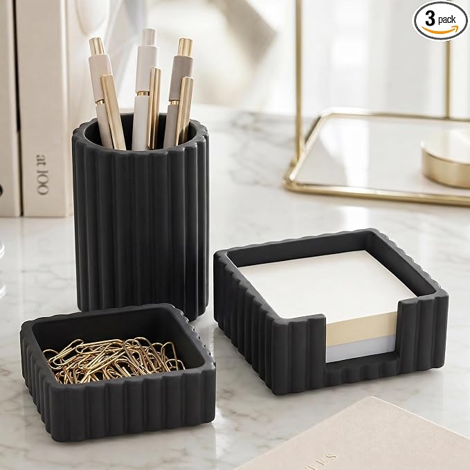 Aesthetic Desk Organizer Set of 3 For Your Office - Sturdy Concrete Desktop Accessories For Women Enhance Any Office Decor - Set incl. Pen Holder, Paperclip Storage & Sticky Note Holder for Teacher