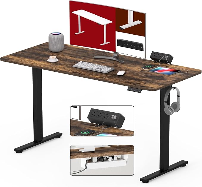 SANODESK Electric Standing Desk with Clamp Power Strip 48"x 30" Whole-Piece Desktop Height Adjustable Stand Up Desk with Cable Management Sit Stand Home Office Black Frame/Rustic Brown Top