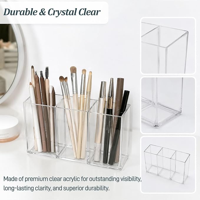 Clear Acrylic 3-Section Pen Organizer Caddy, Desktop Storage Holder for Office Supplies, Utensils, Makeup, and Home Use