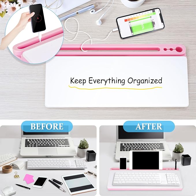 DOLLAR BOSS Glass Desk Whiteboard Small Dry Erase Board Desktop White Board with Storage Drawer Computer Keyboard Stand Desk Organizer Office Accessories School Supplies with 4 Markers 1 Eraser, Pink