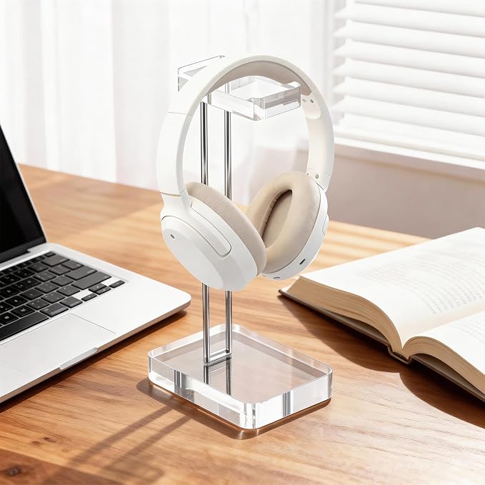 Headphone Stand Headset Holder for Desk, Solid Christal-Clear Acrylic with Silver Hardware Earphone Hanger for Gaming Room Office Accessories