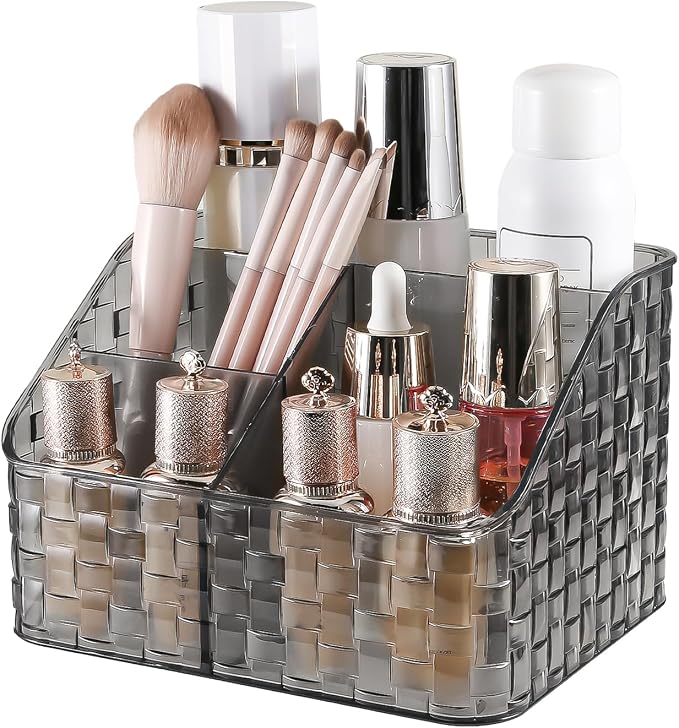 DASITON Makeup Brush Holder Organizer, 4 Slots Acrylic Makeup Brushes Storage Cup, Woven Texture Make Up Brush Holder for Vanity Bathroom Office, Pen Holder for Desk, Cosmetic Display Cases (Grey L)