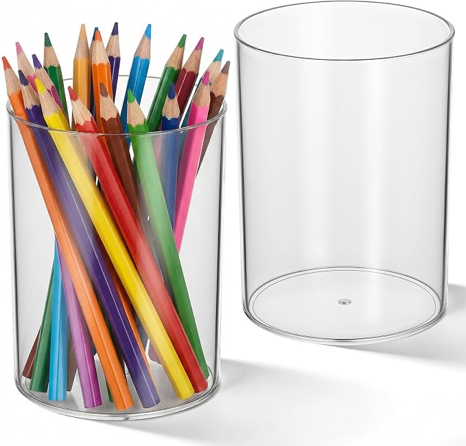 2 Pcs Acrylic Pencil Holders Cup Acrylic Makeup Brush Holder Clear Pen Holder Round Container Clear Brush Container for Home School Office Desk Accessory
