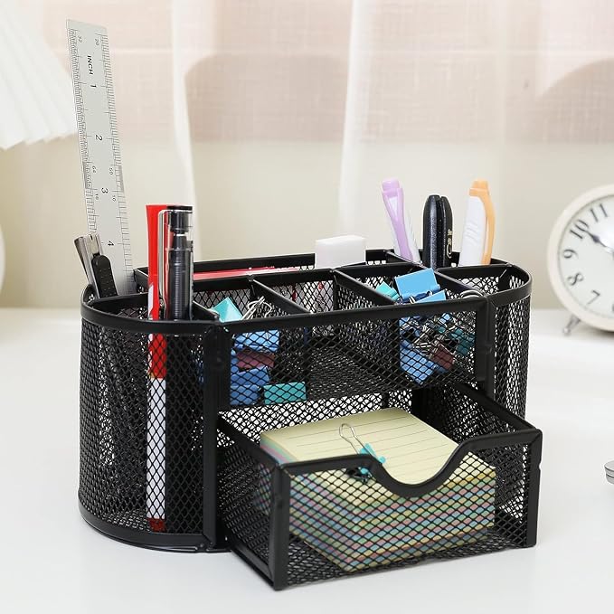Mesh Desk Organizer, Basics Pen Holder and Desk Organizer with Compartments, Desk Accessories & Workspace Organizers for Office School Home Supplies Teacher Students
