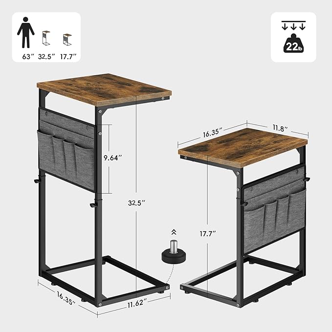 Vagusicc C Shaped End Table, Small Side Table for Couch, Adjustable Height Sofa Table with Metal Frame for Living Room, 33'' Tall Side Table for Couch, Bedroom, Bedside, Rustic Brown and Black