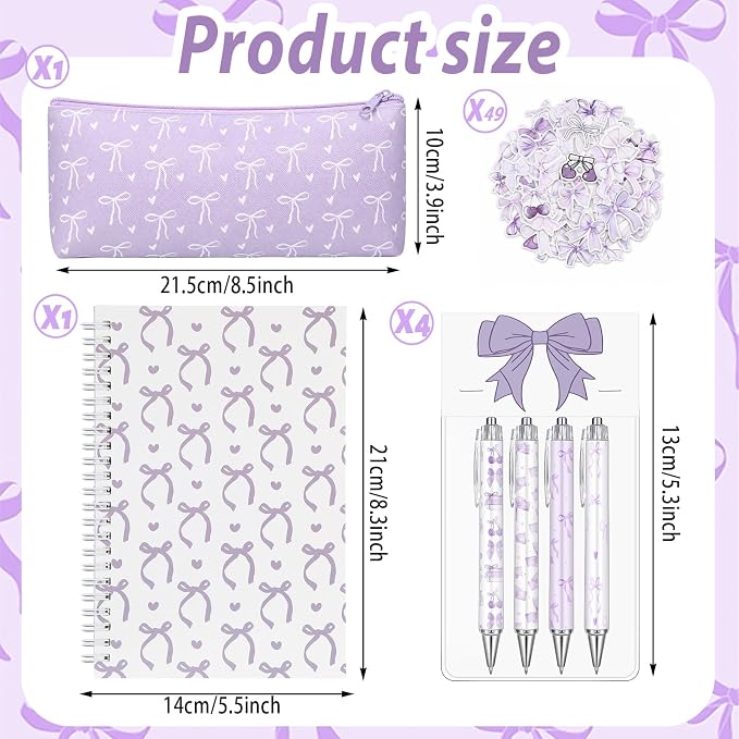 Sayglossy Purple Bow Stationery Gift Coquette School Supplies Set Include Pens Aesthetic Journal Notebook Pencil Case and Stickers Preppy Back to School Supplies for Girl Students