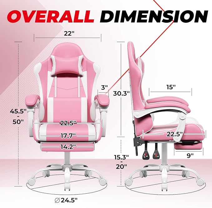 Auto Dynasty Ergonomic Gaming Chair, High-Back Office Chair w/Adjustable Lumbar Support, Linkage Armrest, Headrest & Footrest, 350LBS Recliner Swivel Computer Game Racing Chair, Pink/White
