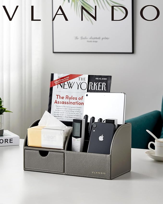 VLANDO Office Desk Organizer with Drawer, Premium Leather Desktop Storage Caddy for Supplies and Accessories, Multi-functional Vanity Organizer for Makeup,Bedside Table Nightstand Box