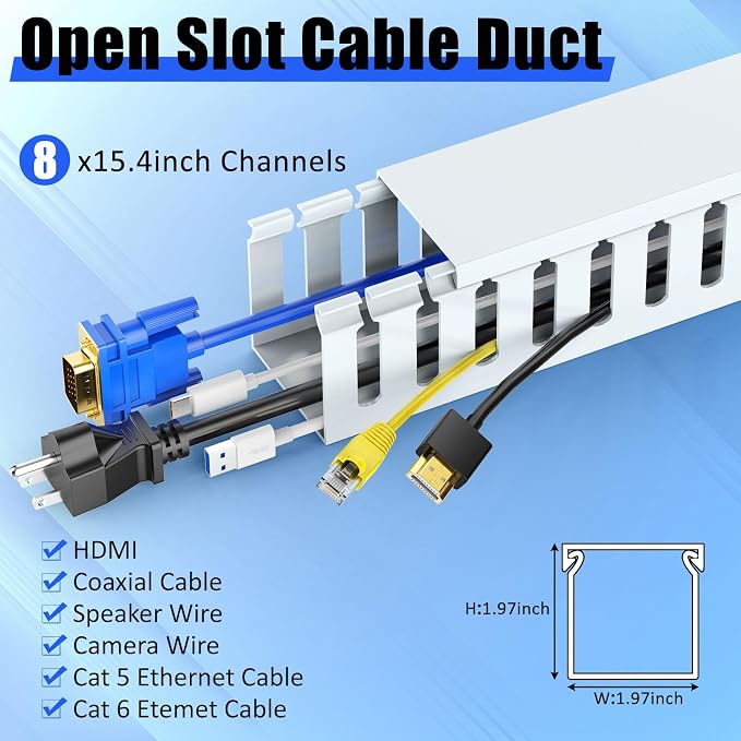 Open Slot Wiring Raceway Cable Duct,Cable Management Cord Track | 123" open slot cable raceway,White 1.97x1.97",8 pcs desk wire channel to hide computer cables and cords