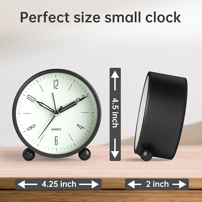 JALL Analog Alarm Clock, 4 inch Super Silent Non Ticking Small Clock with Night Light, Battery Operated, Simple Design, Old Fashioned Style Black Decor, for Bedroom, Bedside, Desk, Adult, Gift, Black