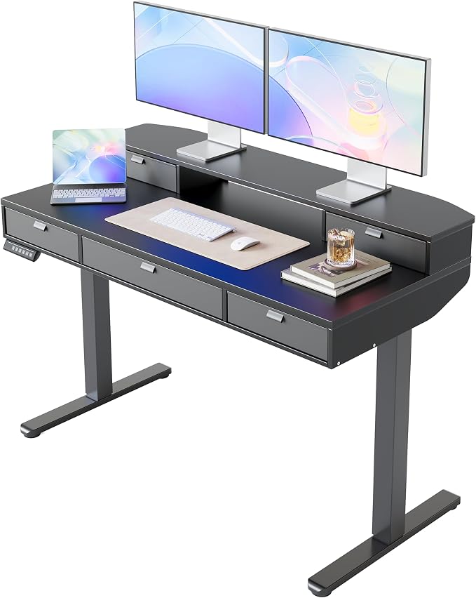 HUANUO 48 x 24 Inch Electric Standing Desk with 4 Drawers, Black | 4 Drawers For Organized Storage, Raised Monitor Shelf, C-Clamp Mount Support, 4 Memory Presets, 28.3–46.5 Inch Height Range