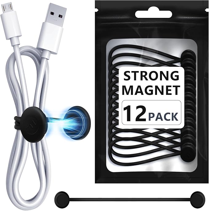 Magnetic Cable Ties – Reusable Silicone Magnetic Cord Organizers for Bundling, Fridge Clips, Book Markers & More – Assorted Colors for Efficient Cable Management (All Black, 12-Pack)