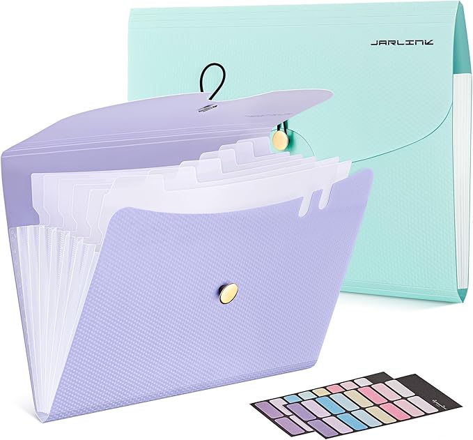 JARLINK 7 Pockets Expanding File Folder, A4 Accordion File Folders with 12 Labels, Cute Paper Organizer, Portable Document Organizer for College School Office Supplies, Macaron Blue & Macaron Pupple