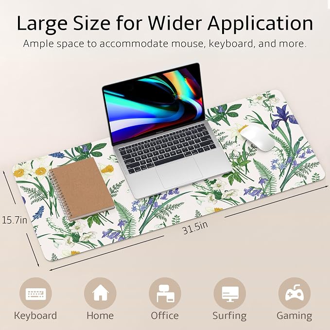 Mouse Pad Leather Desk Mat Large Keyboard Cute Office Desktop Computer Laptop XXL Long Big Aesthetic Modern Design Women Girls Gaming Gamer Oversized Wide Mousepad 31.5"x15.7", Iris
