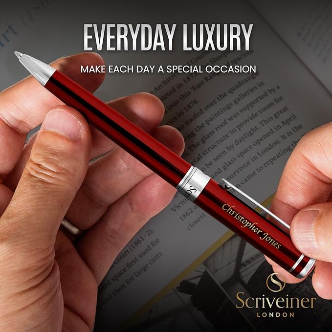 Scriveiner Personalized Deep Crimson Red Ballpoint Pen - Stunning Red Lacquer Luxury Pen with Chrome Finish, Schmidt Ink Refill, Engraved Ball Point Gift Set for Men & Women, Custom Engraving
