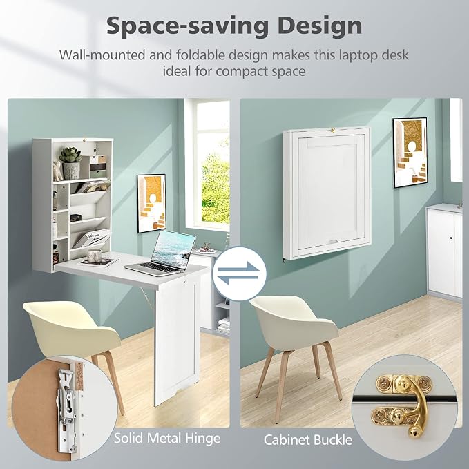 Wall Mounted Desk, Fold Out Convertible Desk with Storage Shelves, Space Saving Wall Folding Table, Home Office Floating Desks for Small Spaces (White)