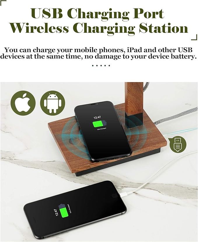 ELYONA Touch Control Sapele Wood Desk Lamp with Wireless Charging & USB Port, LED Reading Task Light,Adjustable, Swing Arm Table Lamp for Bedroom, Study Work, Office, Dorm, Bulb Included, Black