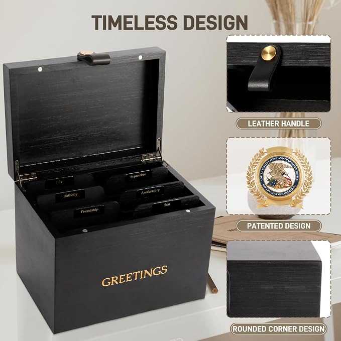 Large Bamboo Greeting Card Organizer Box with 6 Removable Dividers, Real Leather Handle, 100% Handmade Solid Bamboo, Storage Box for Christmas, Valentine, & Birthday Cards, Postcards, Stationery& More