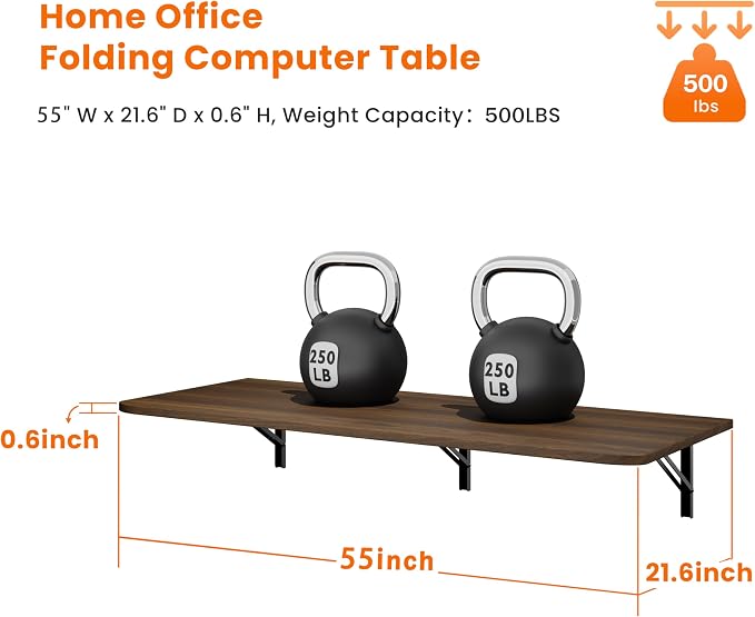 IAE Wall Mounted Floating Foldable Desk, 55" x 22" Folding Computer Workstation Table with Engineered Wood and Metal Shelf Brackets,Fold&Floating Design for Home Office, Apartment,Laundry Room,Walnut