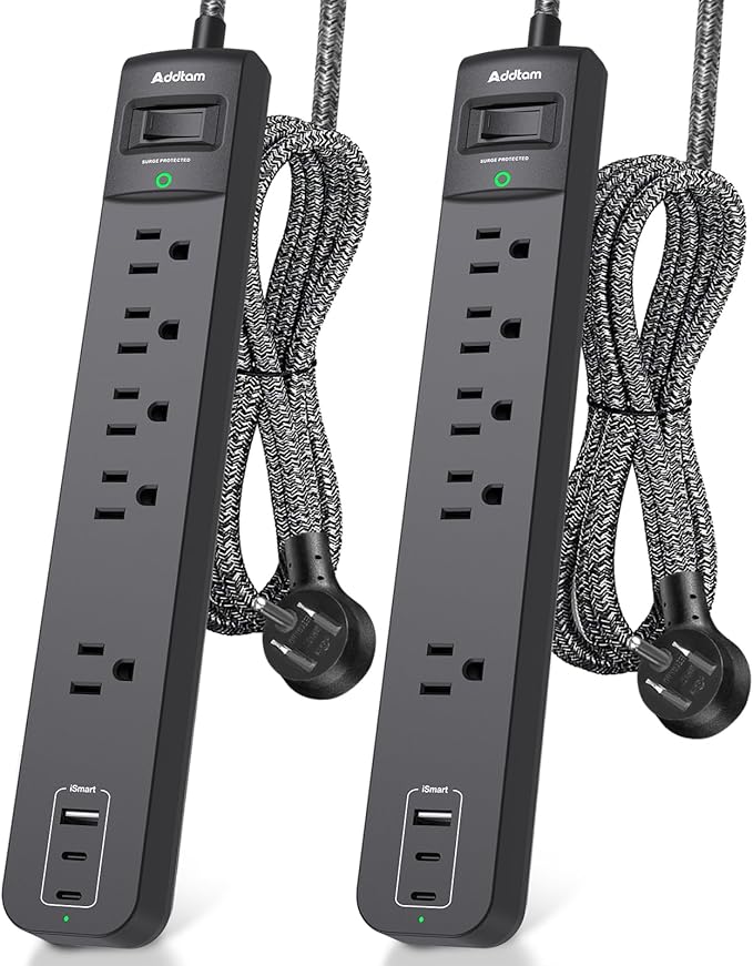 2 Pack Short Power Strip Surge Protector- Addtam USB C Power Strip,3ft Flat Extension Cord with 5 Widely 3 USB (2 USB-C) Ports, Desktop Charging Station for Home Office College Dorm Room Essentials